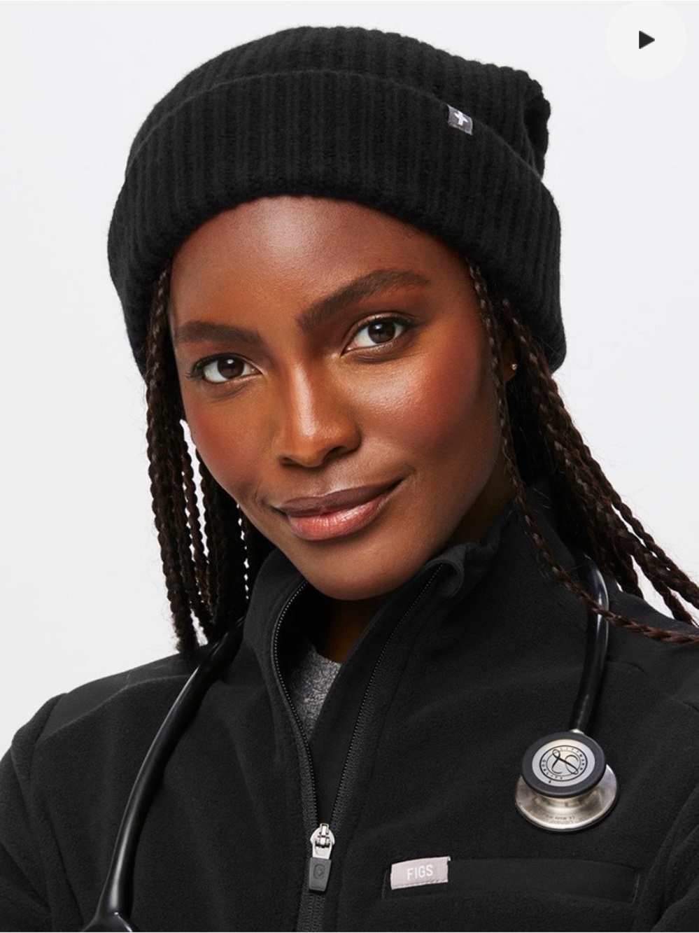 Figs Black Ribbed Cuff Beanie with Logo Tab